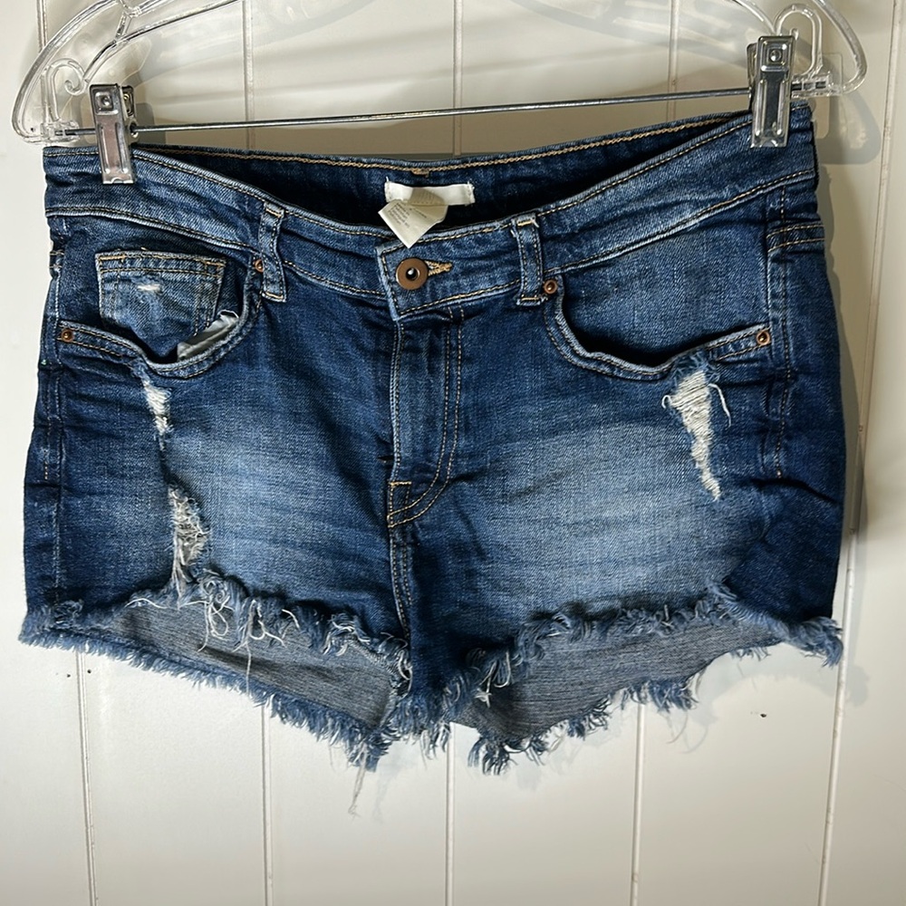 H&M Dark Blue Jean Shorts with Frayed Hem